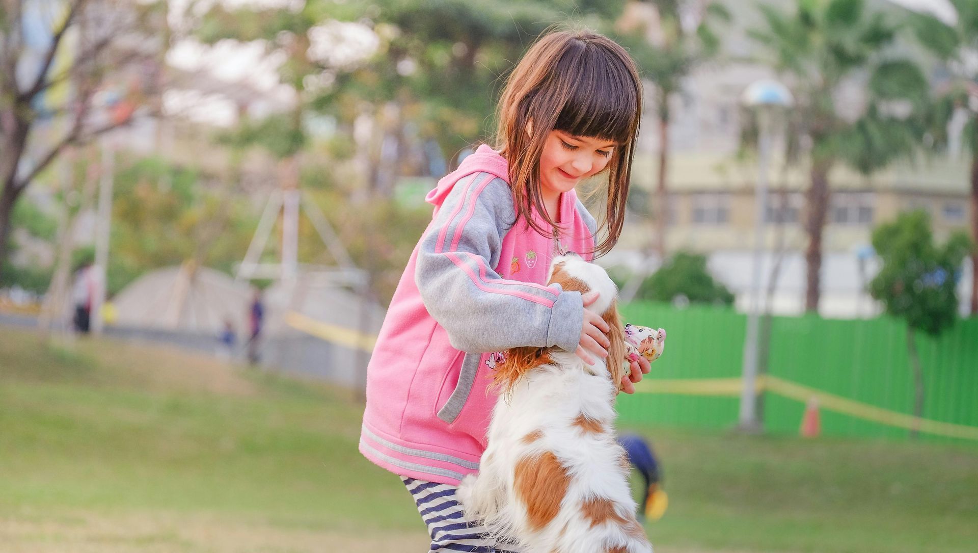 A little girl is petting a dog in a park.