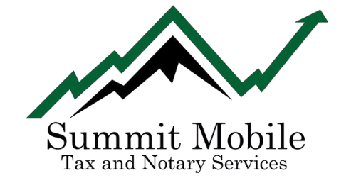 Logo of Summit Mobile Tax and Notary Services. Green and black mountain with a rising green arrow. Text below.