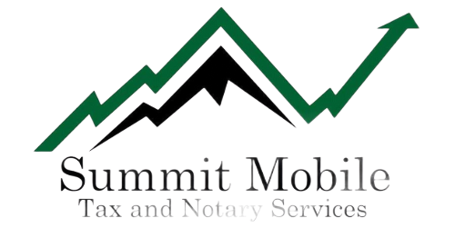 Logo for Summit Mobile Tax and Notary Services, featuring a mountain design with a green upward arrow.