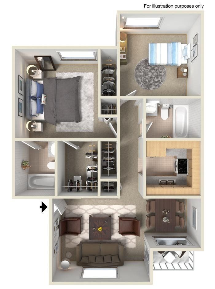 A 3d floor plan of a house with a bedroom , living room , and kitchen.