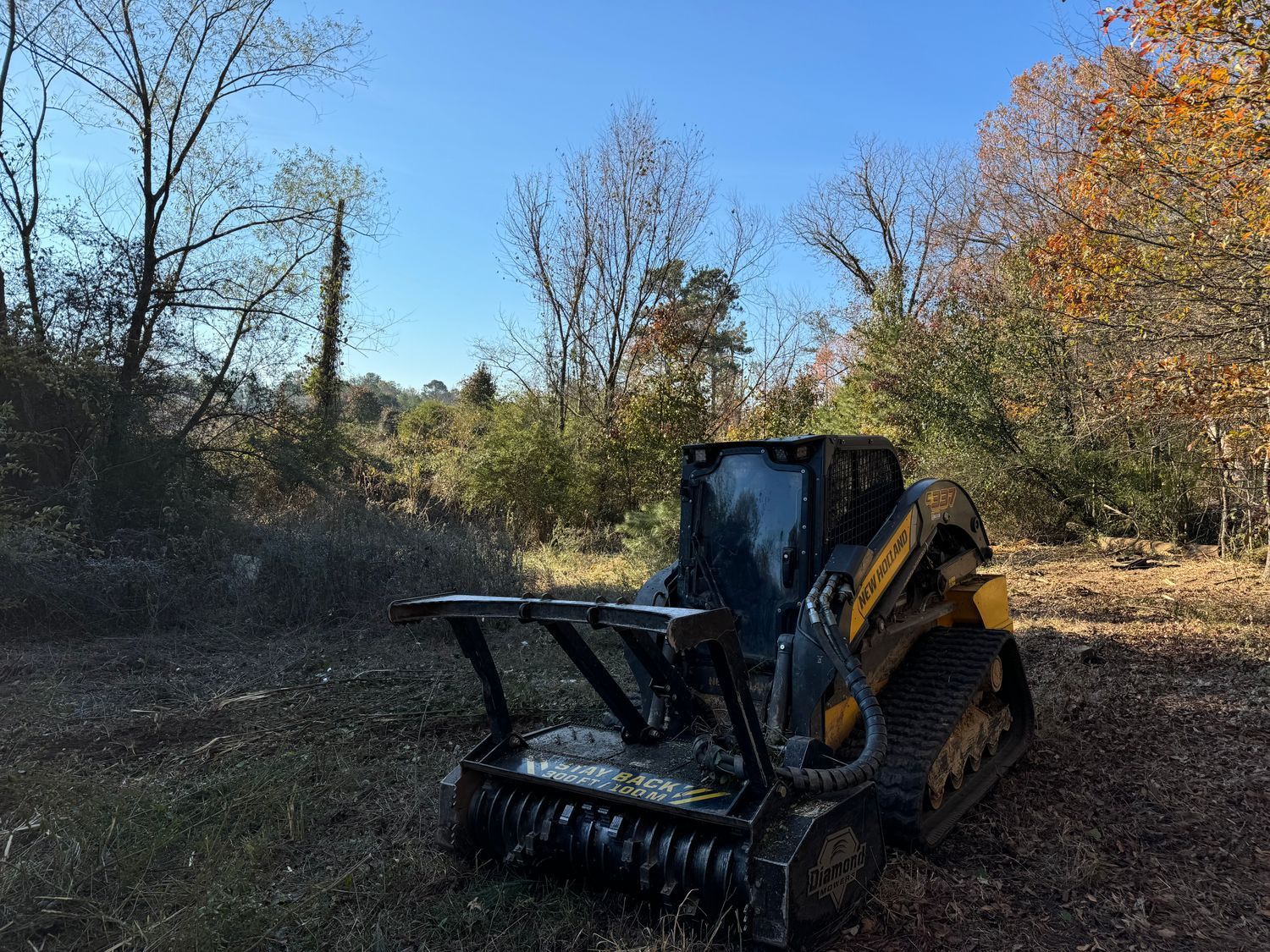 Skid steer with brush cutter in a clearing; trees in background; blue sky.