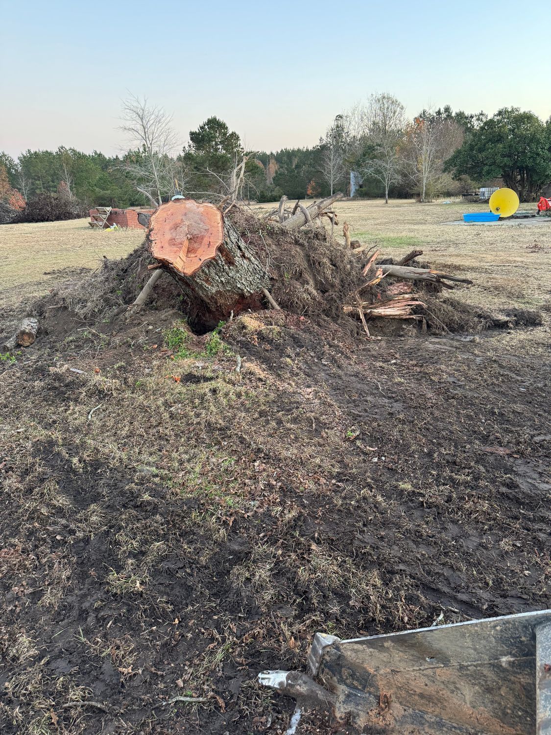 Pile of dirt and debris with a tree stump in a field.