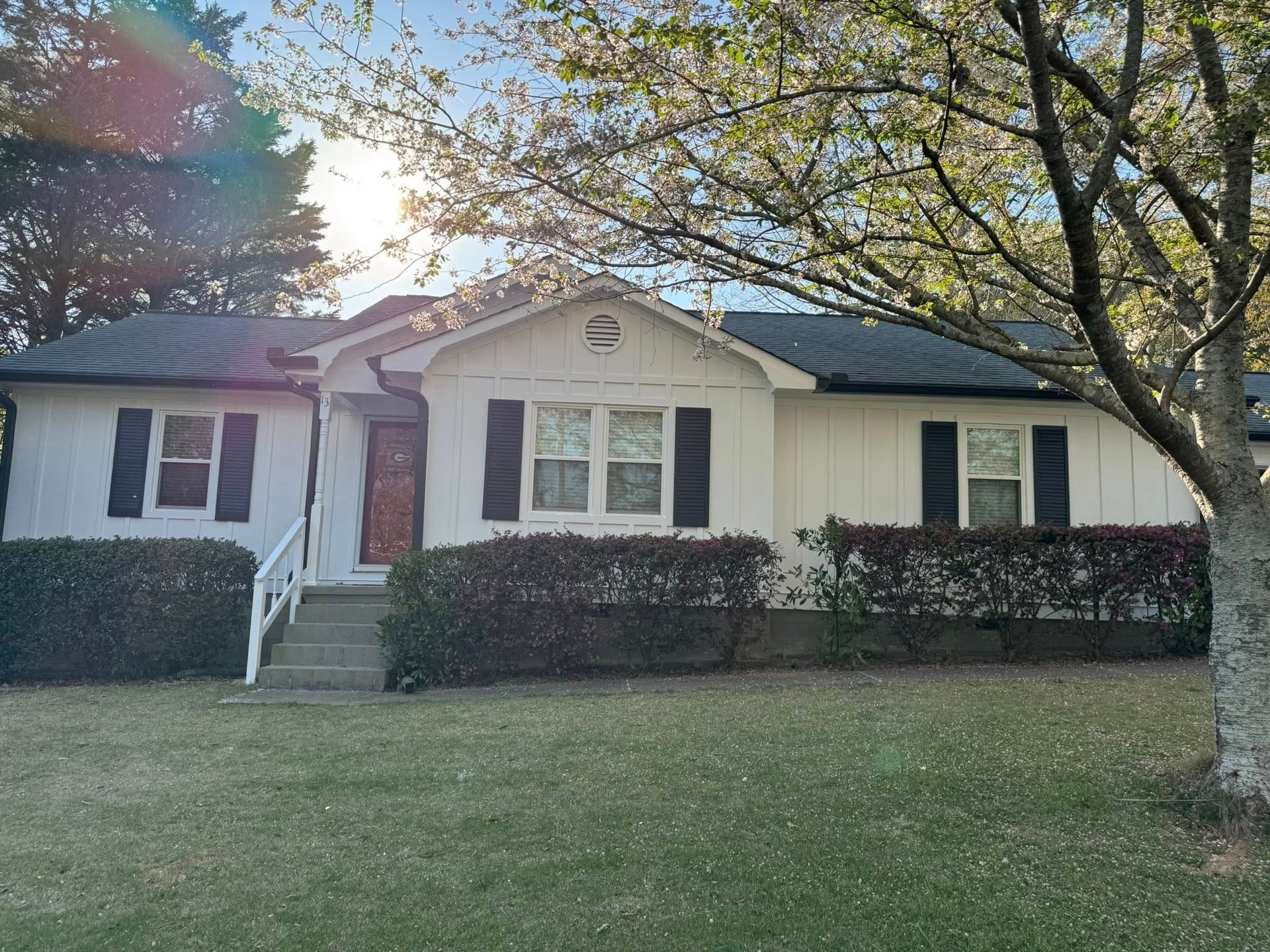 White house with black shutters, green lawn, and a tree on a sunny day.