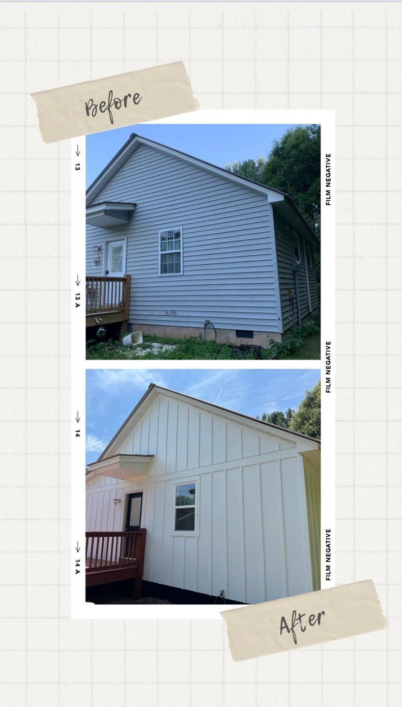 Before and after comparison of a house exterior. Top: gray siding. Bottom: white siding.