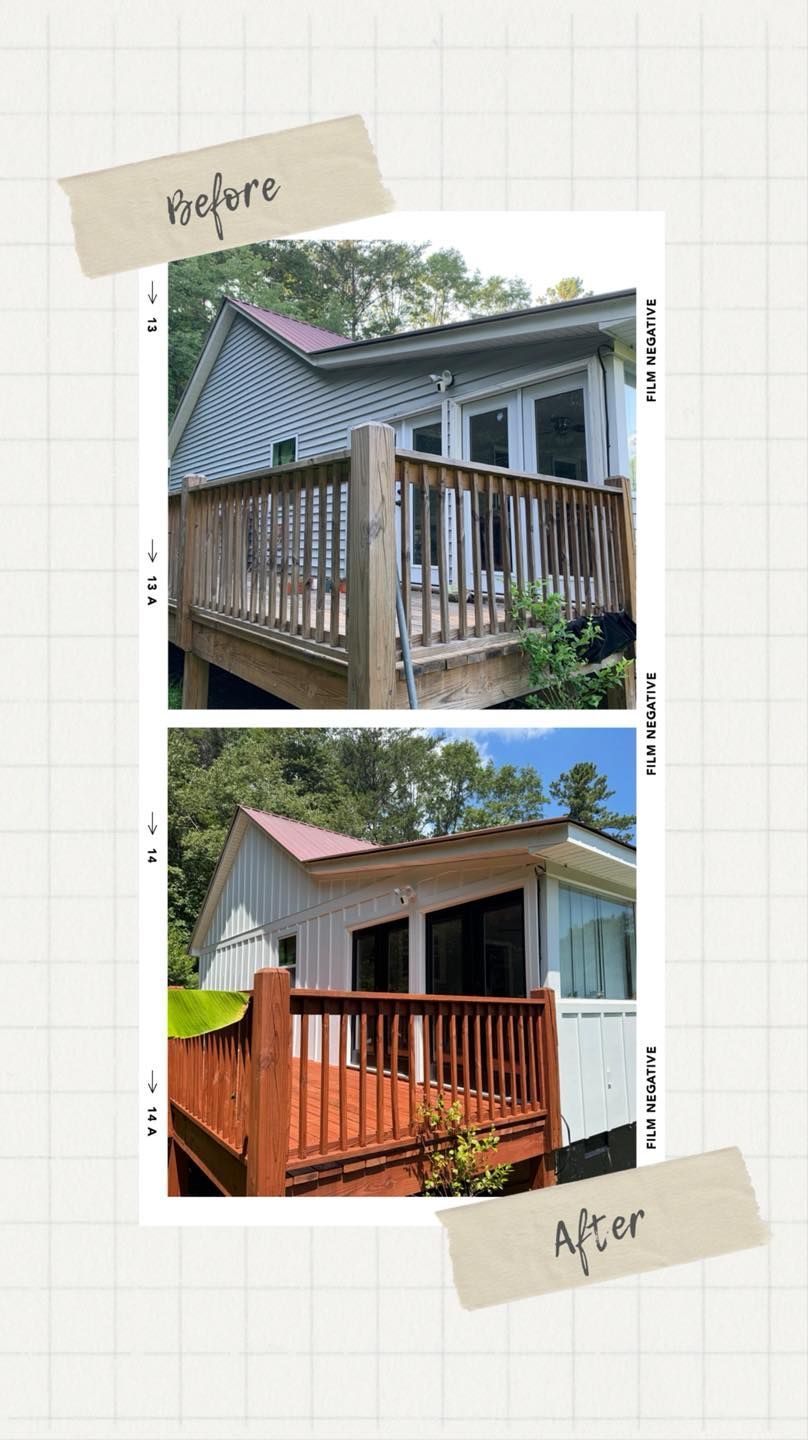 Before and after photos of a house deck: top shows weathered wood, bottom shows stained, red-brown deck.
