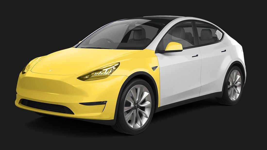 A white and yellow tesla model y is shown on a black background.