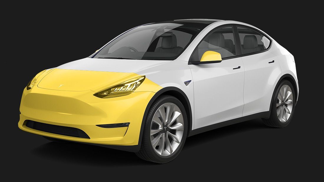 A white tesla model y with a yellow outline on the front of it.