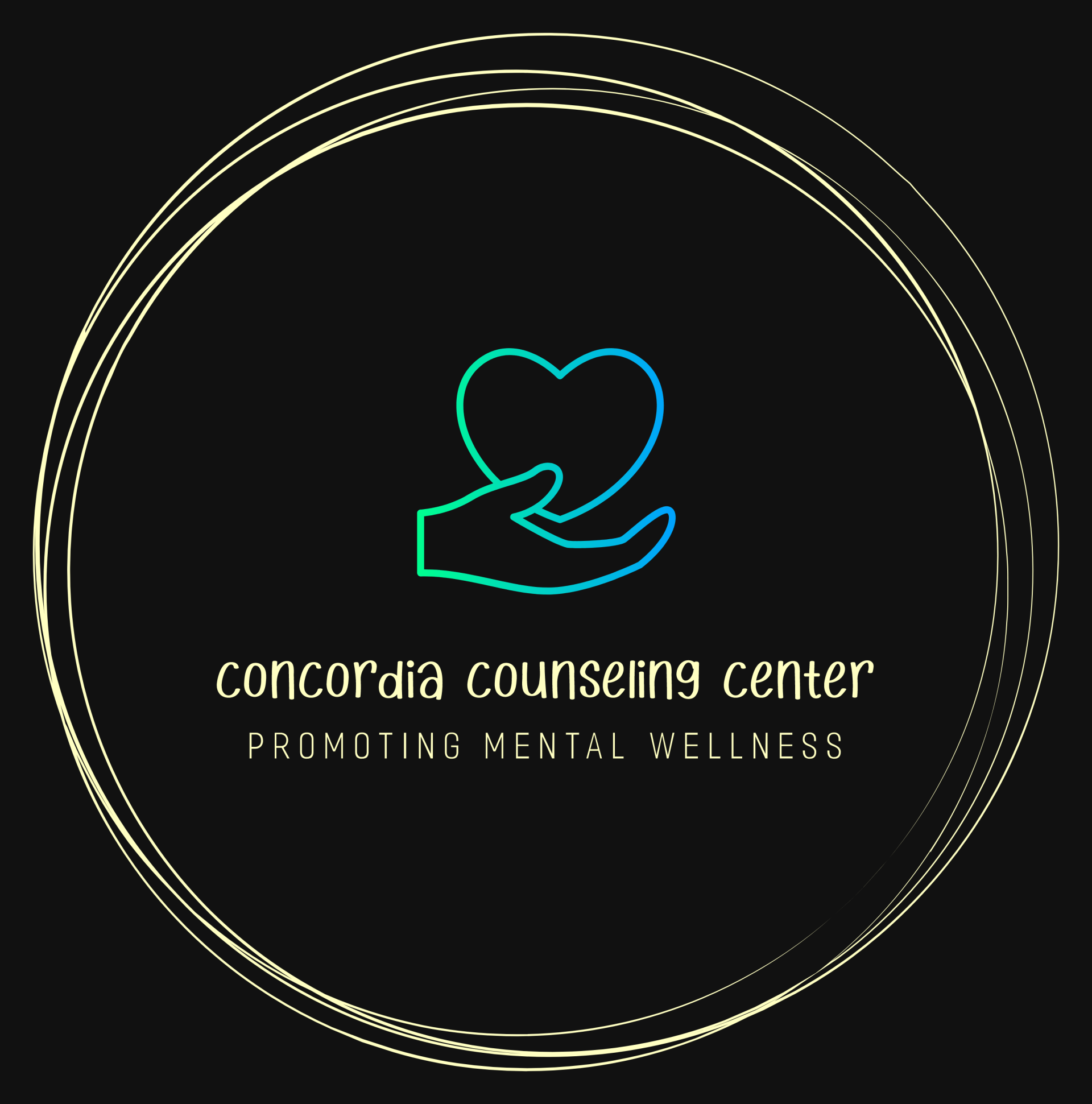 In black there is a logo of a hand holding a heart. Below it says Concordia Counseling Center Promoting Mental Wellness. Around are circular black outlines.