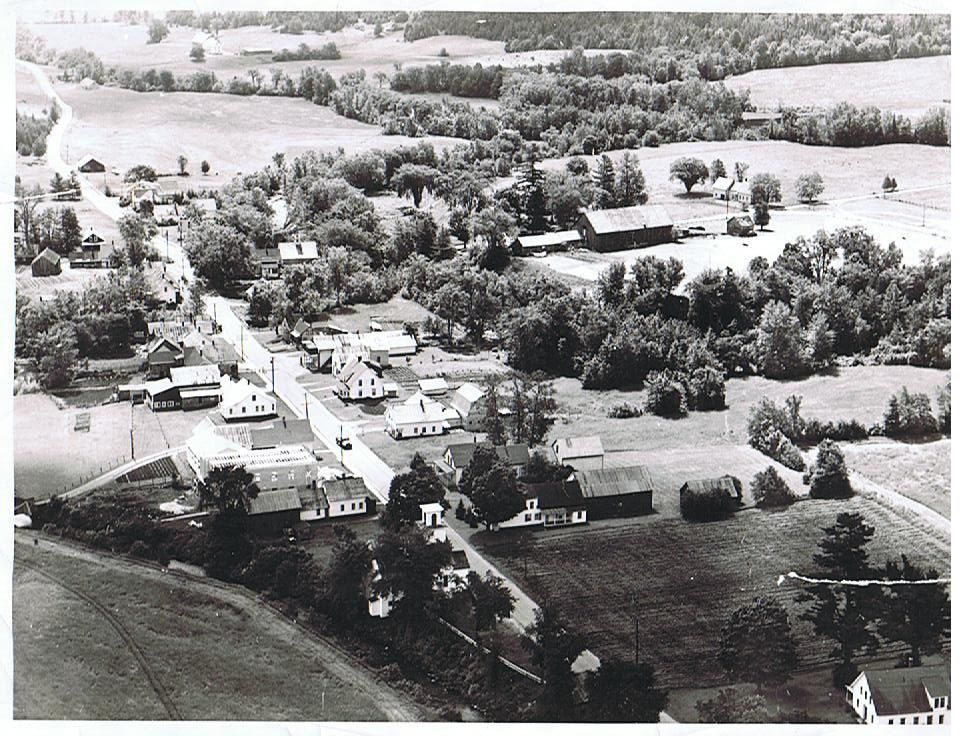 Overhead view of historic Sheffield, VT on black and white film.