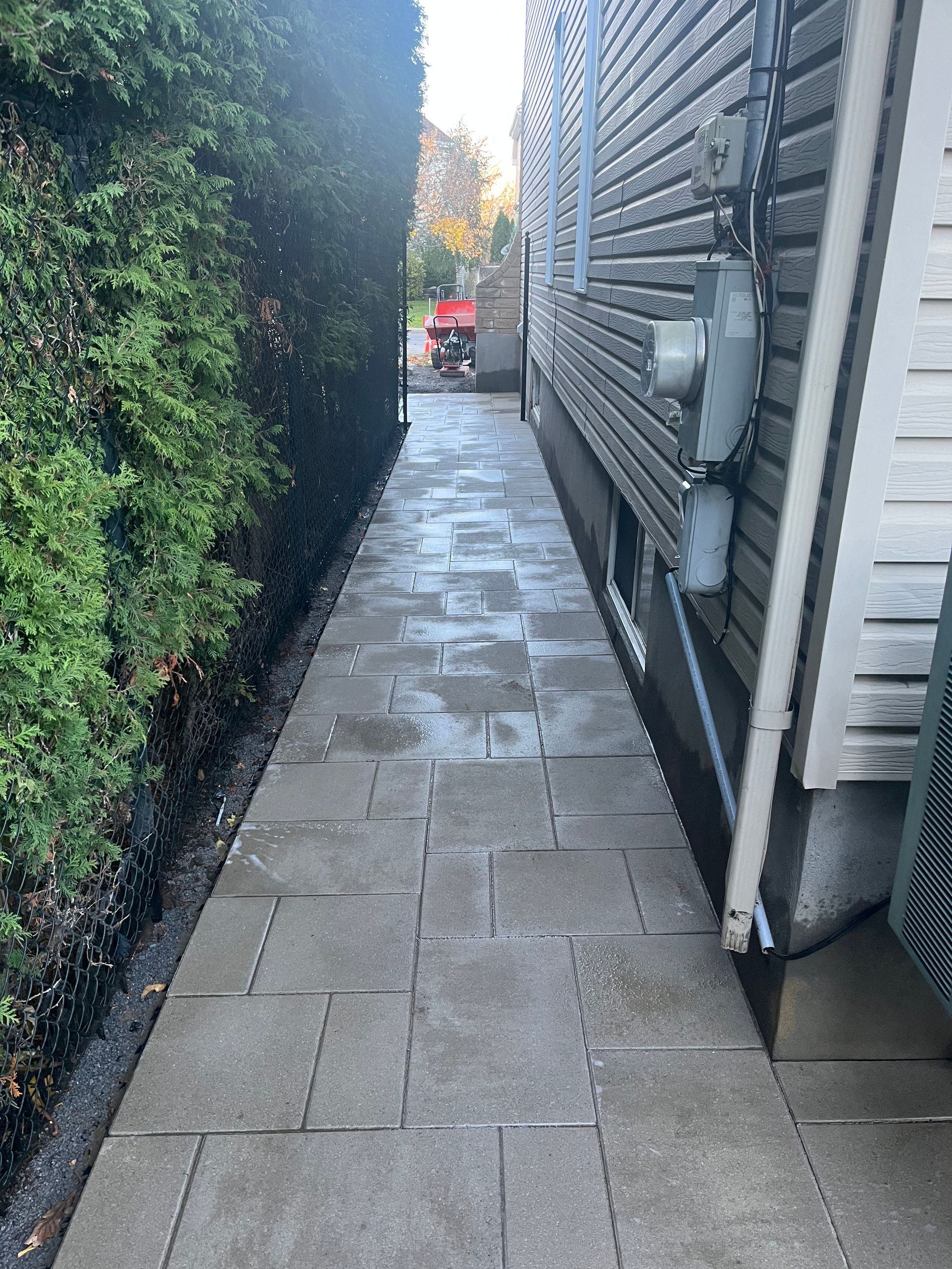 A sidewalk leading to a house with a hedge on the side of it