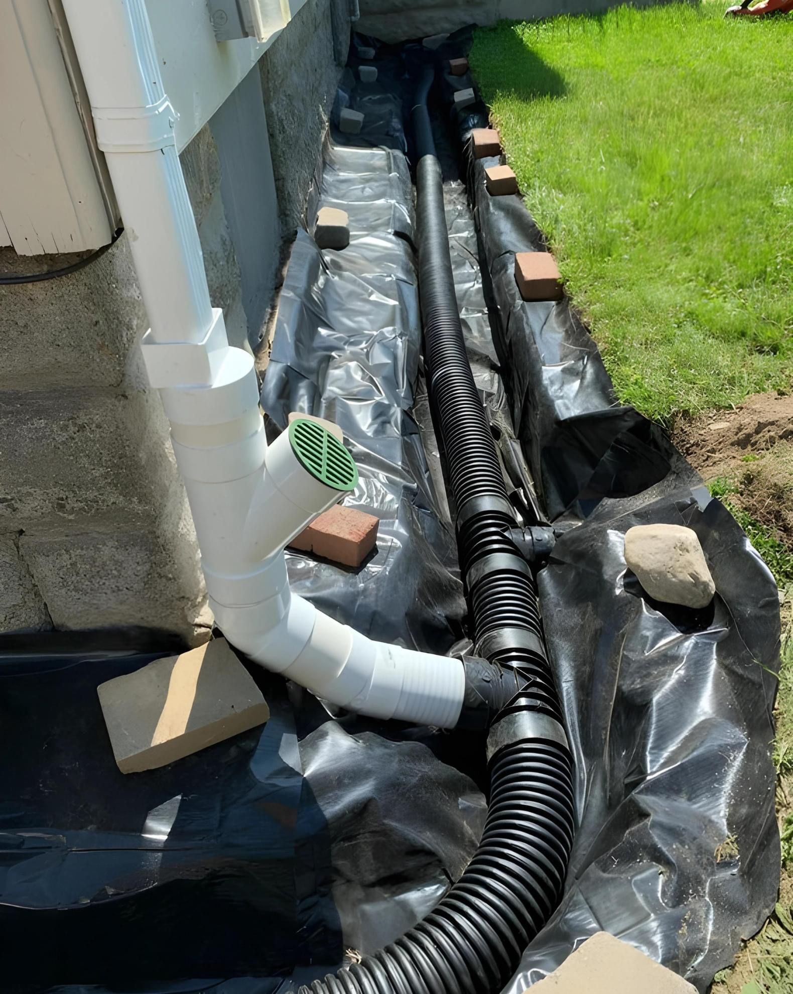 A drain pipe is being installed on the side of a house.