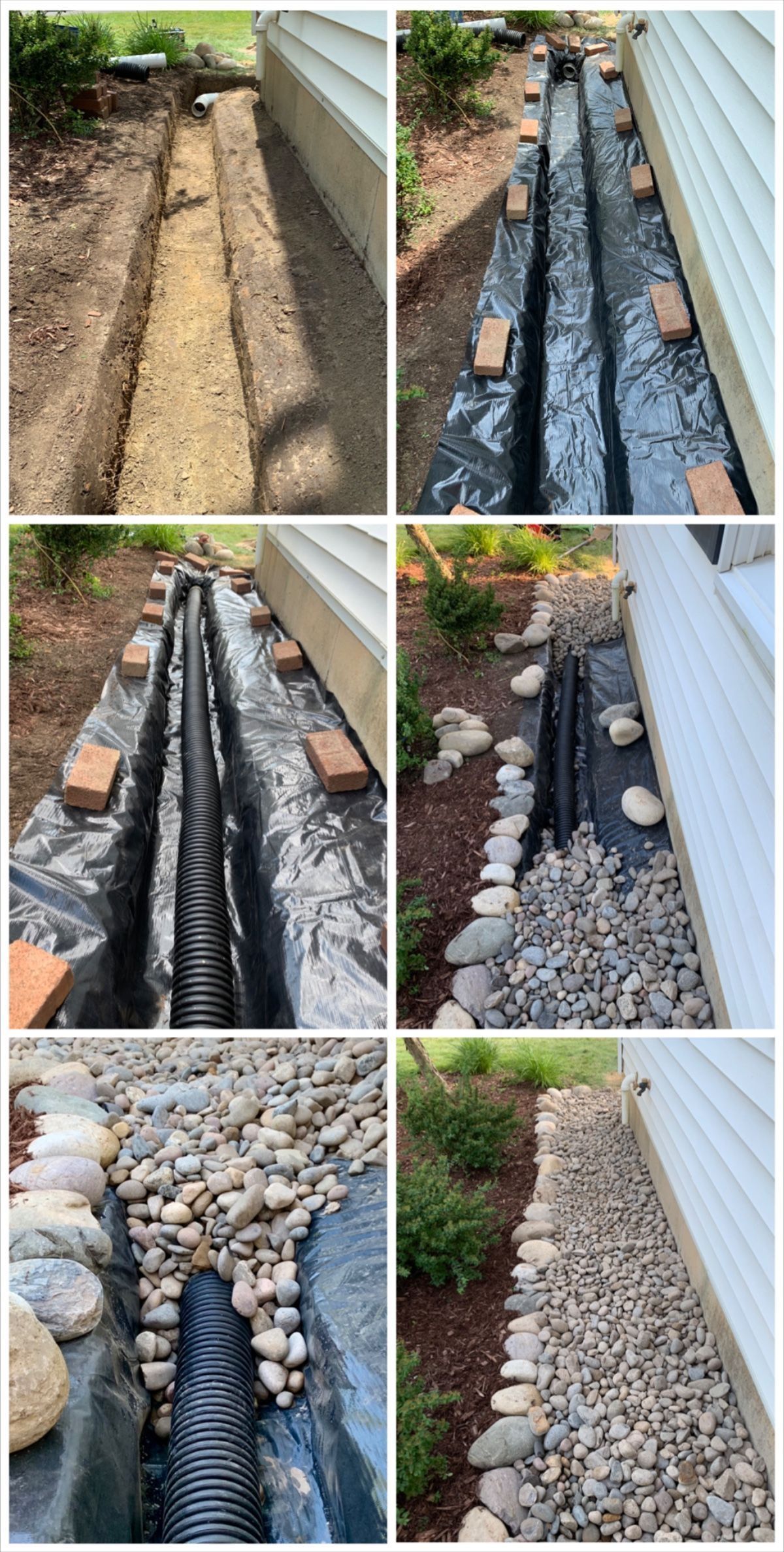 A collage of photos showing the process of installing a drainage system.