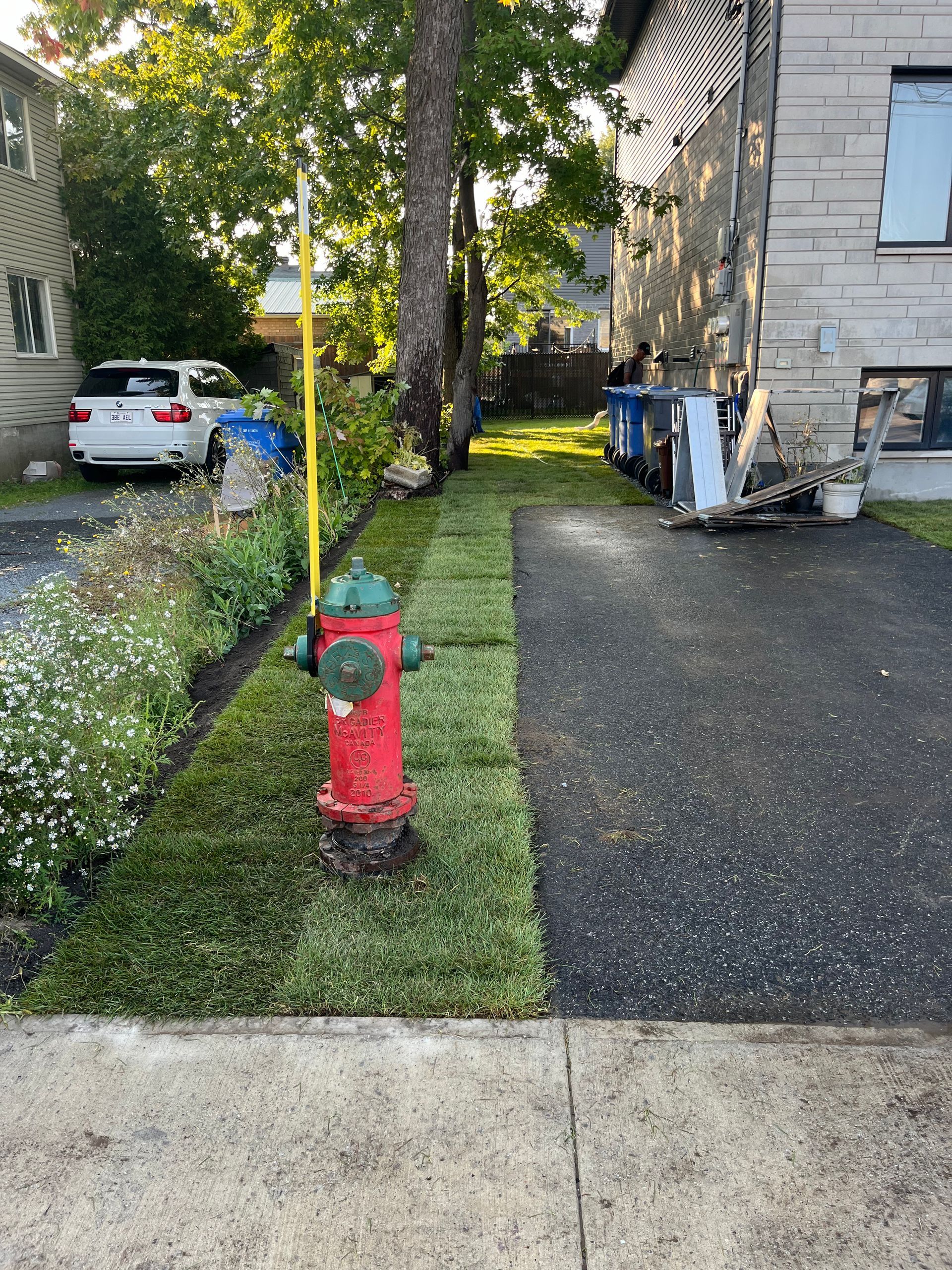 A red fire hydrant is in the grass next to a driveway.
