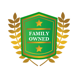 A green and gold shield with the words family owned on it