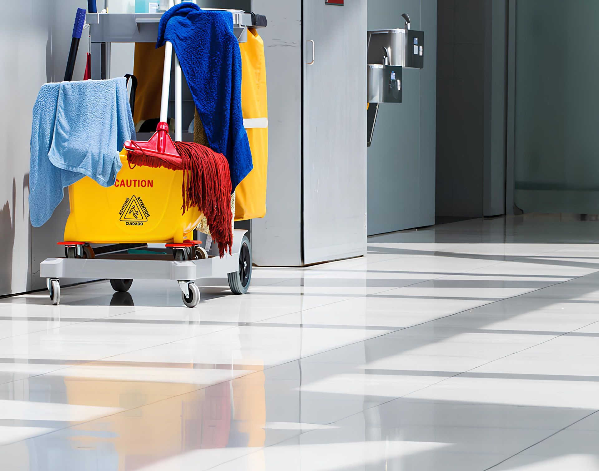 A cleaning cart with a yellow bucket that says caution on it