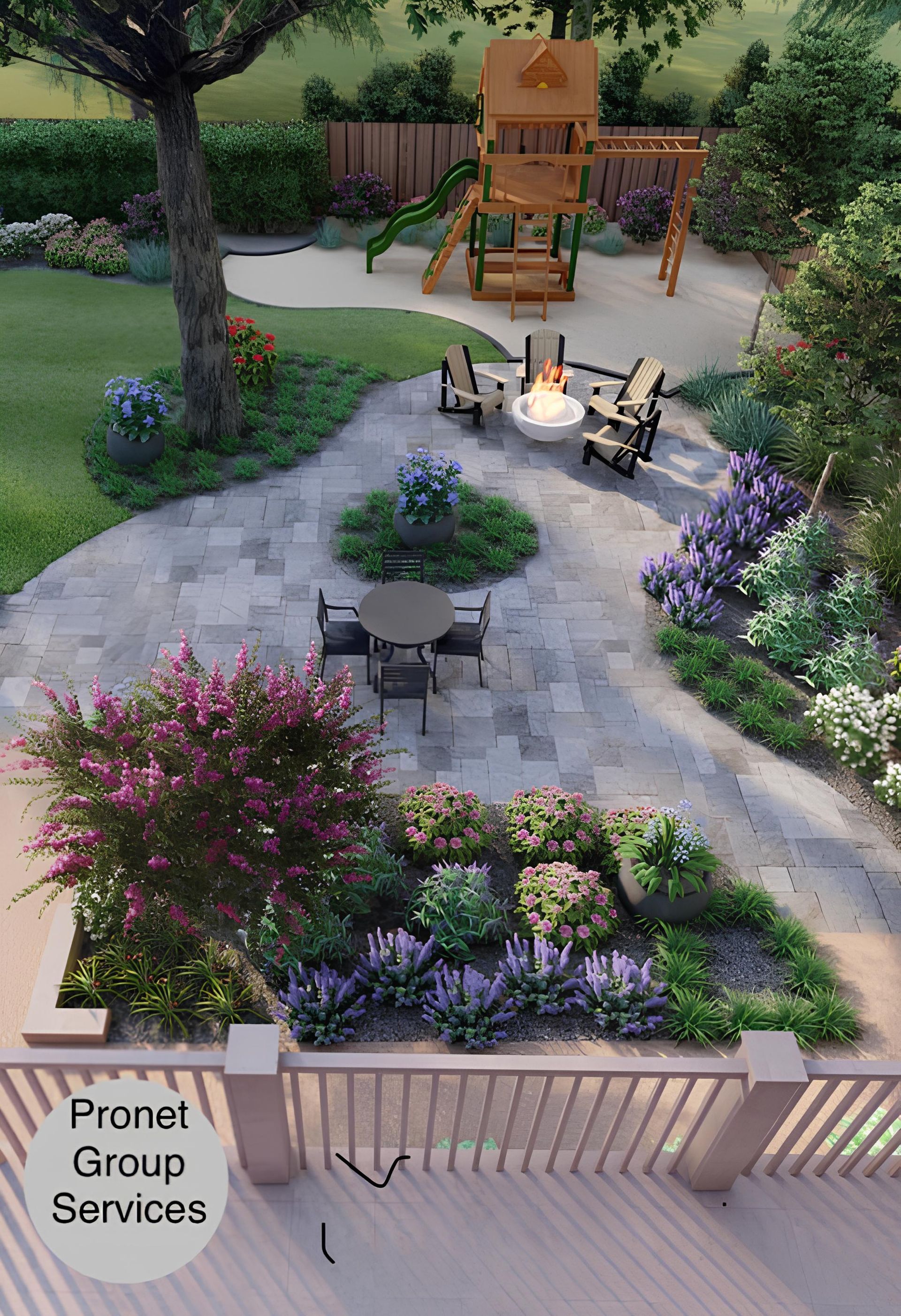 An aerial view of a backyard with a playground and a fire pit.