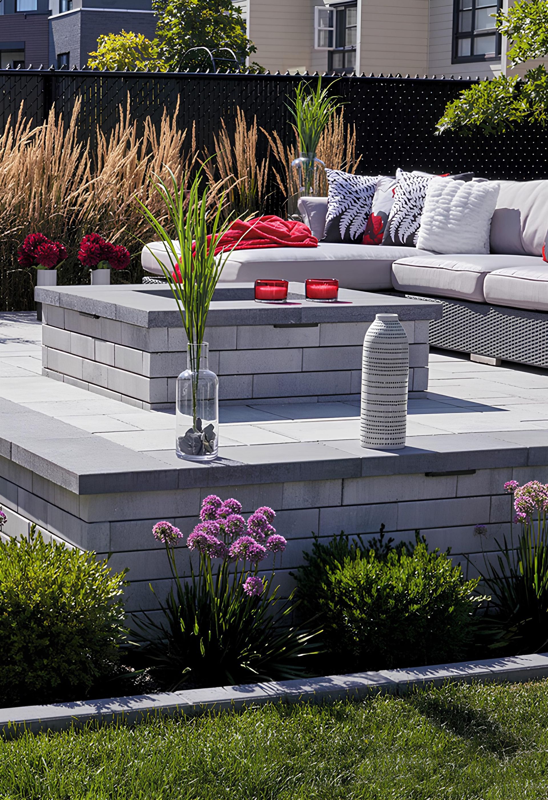 A patio with a couch and a vase of flowers