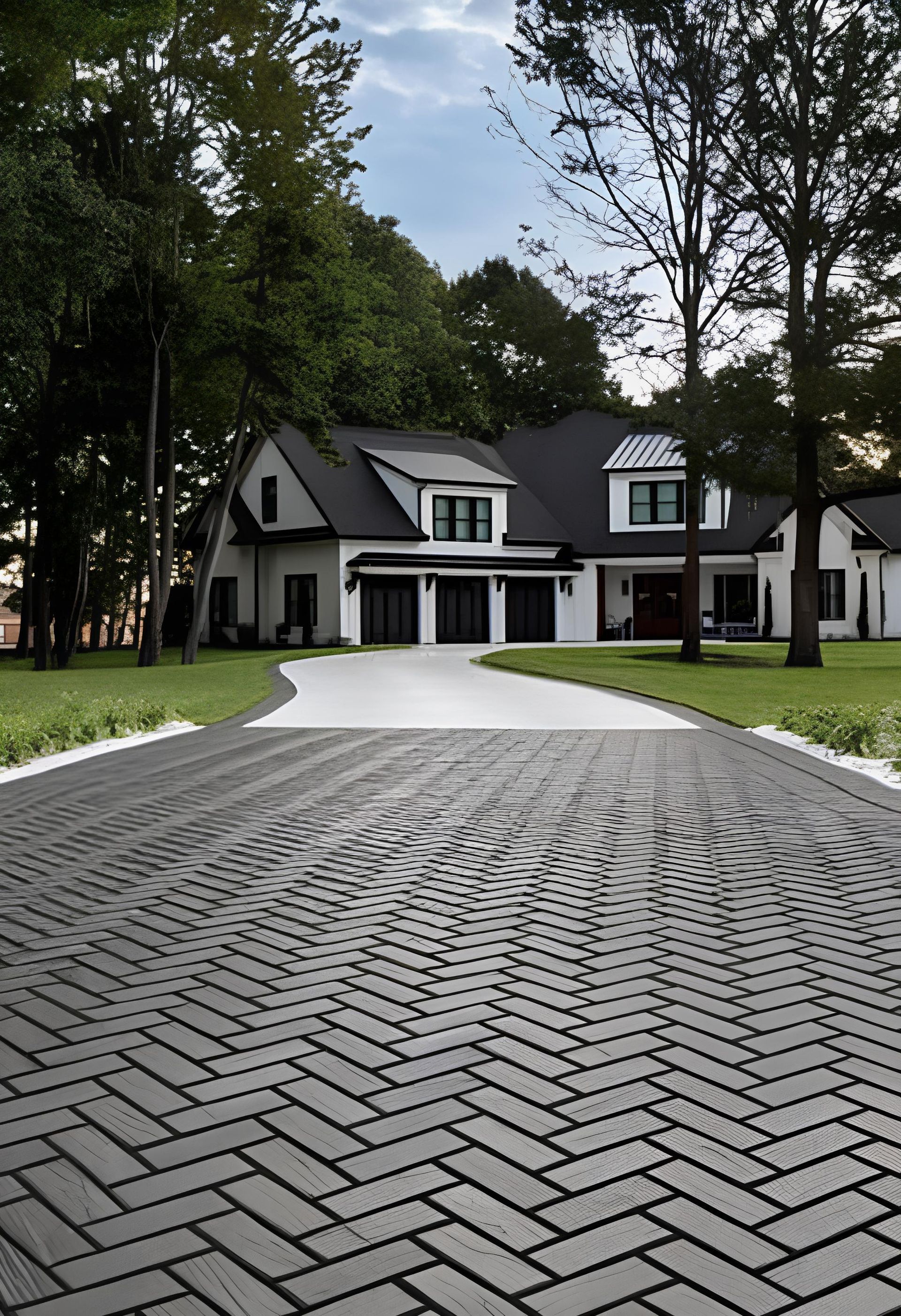 A large white house with a driveway leading to it surrounded by trees.