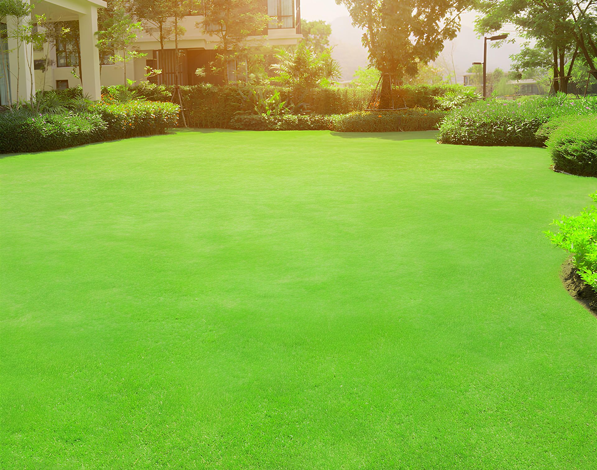 A large lush green lawn in front of a house.