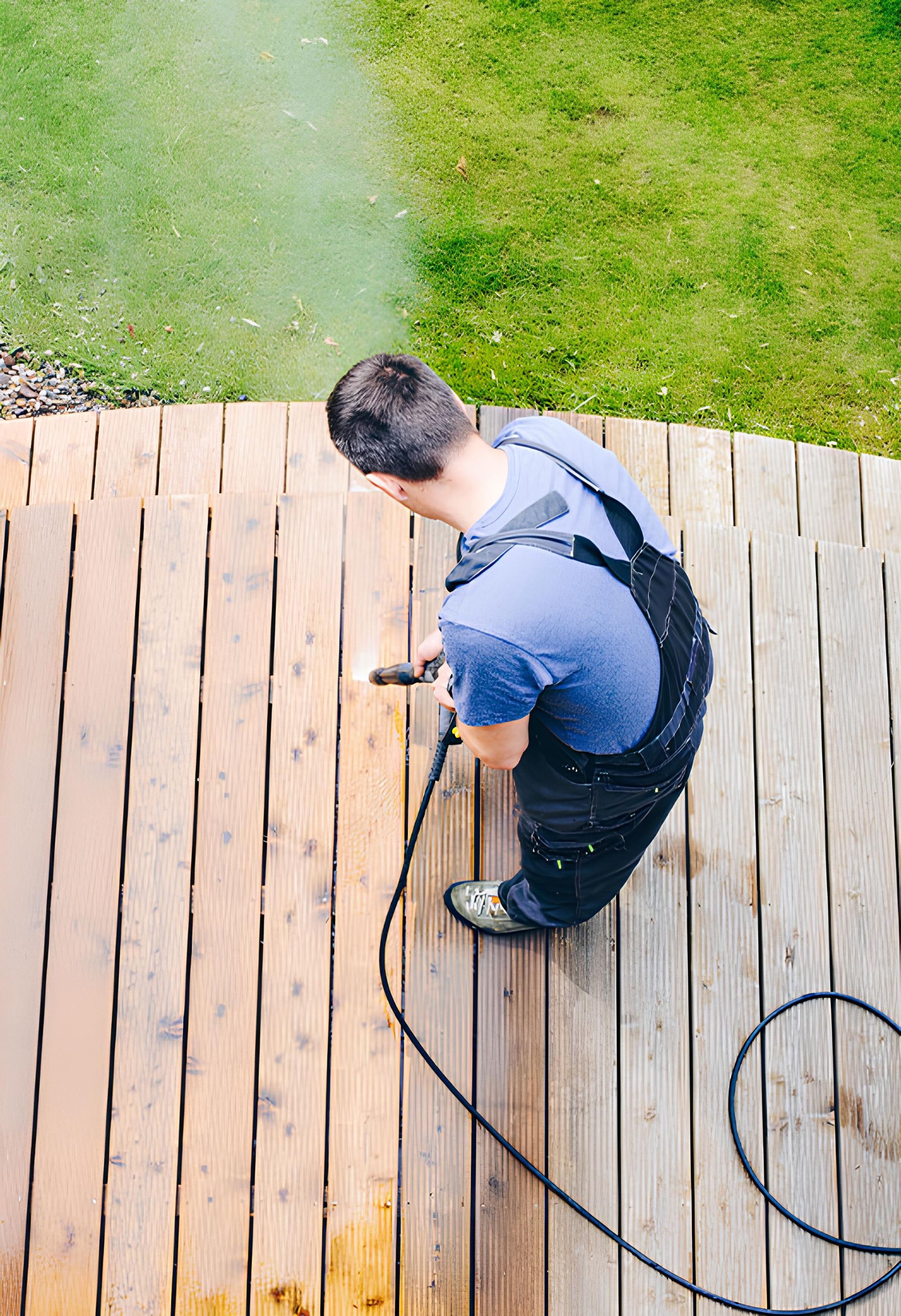 A man is cleaning a wooden deck with a high pressure washer.