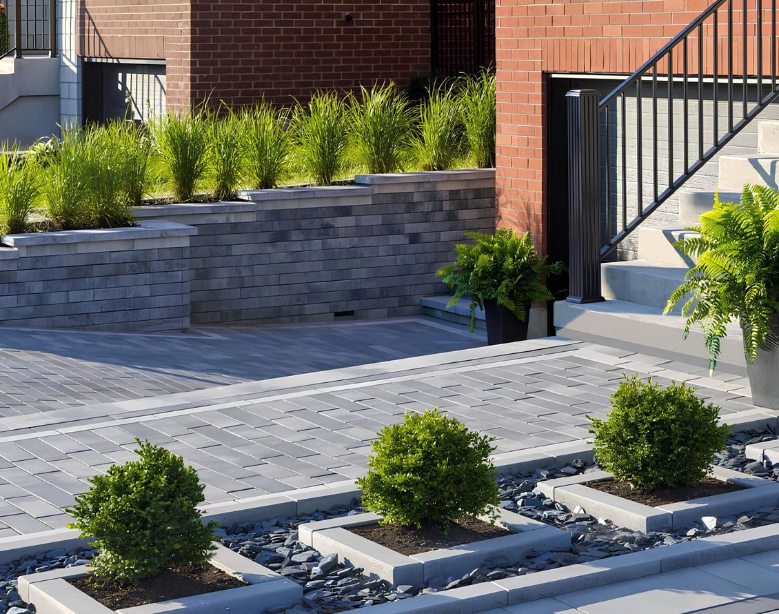 A brick building with stairs and plants in front of it