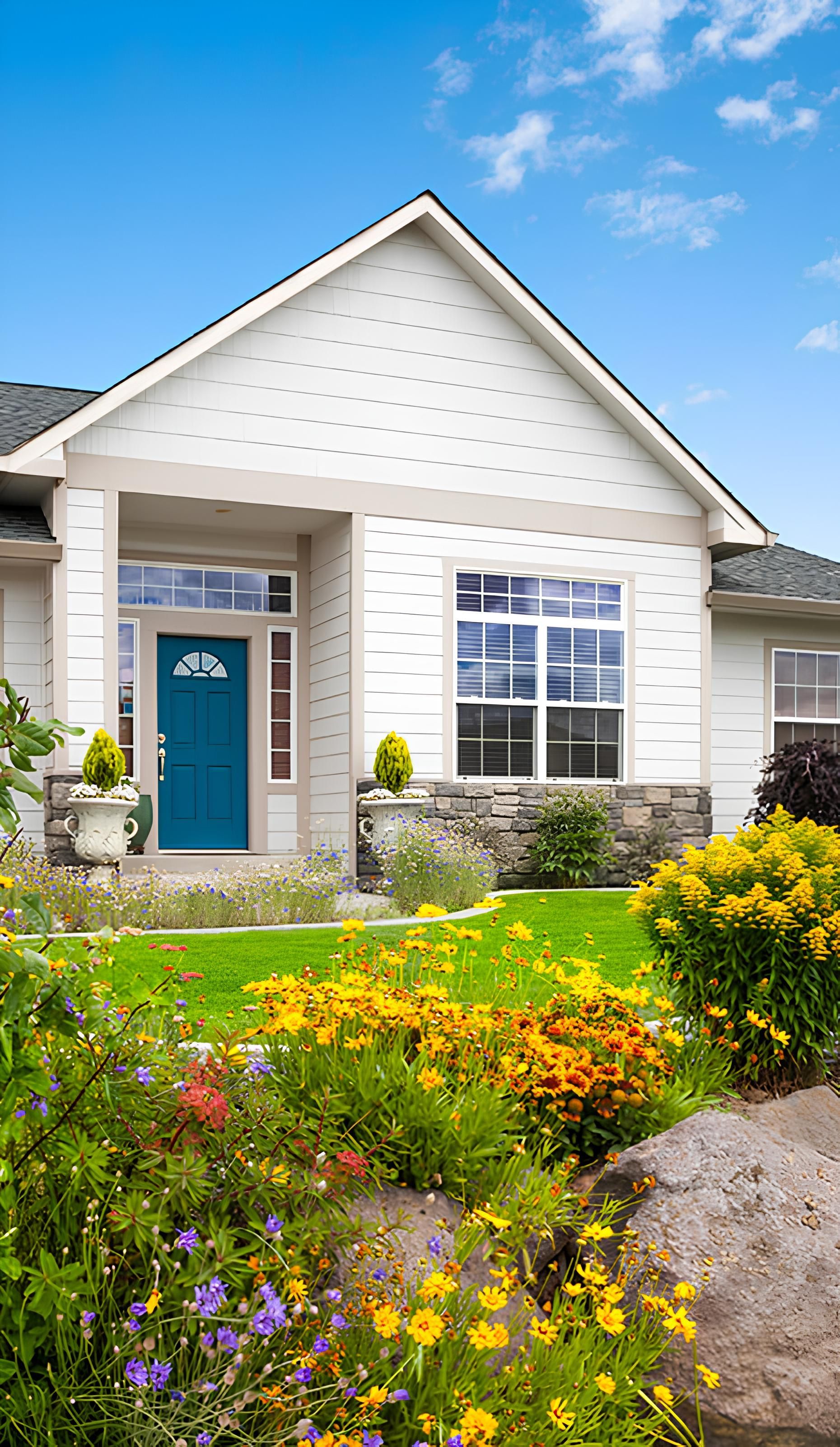 A white house with a blue door and a garden in front of it.