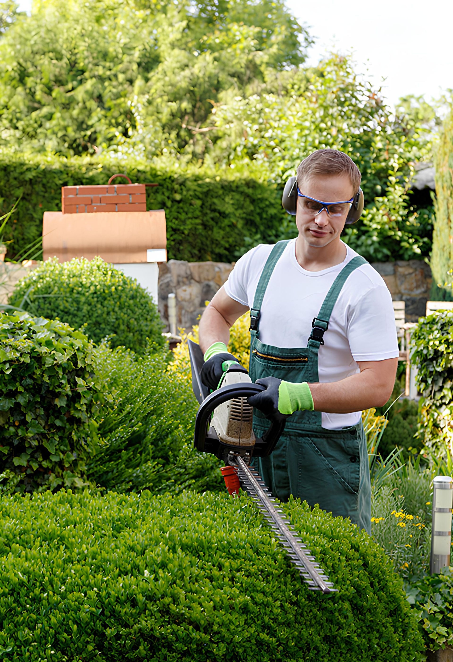 A man is cutting a bush with a hedge trimmer in a garden.