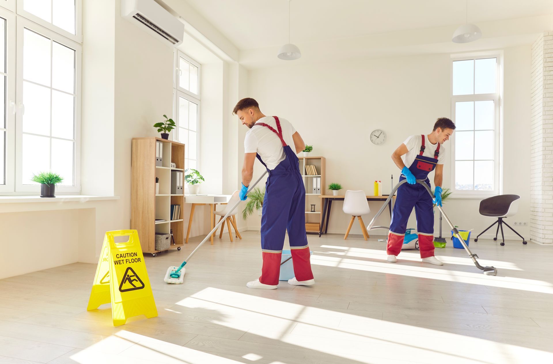 Two men are cleaning a room with mop and broom.