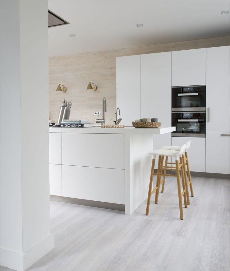 White modern kitchen with island and bar stools, stainless steel appliances, and wood floors.