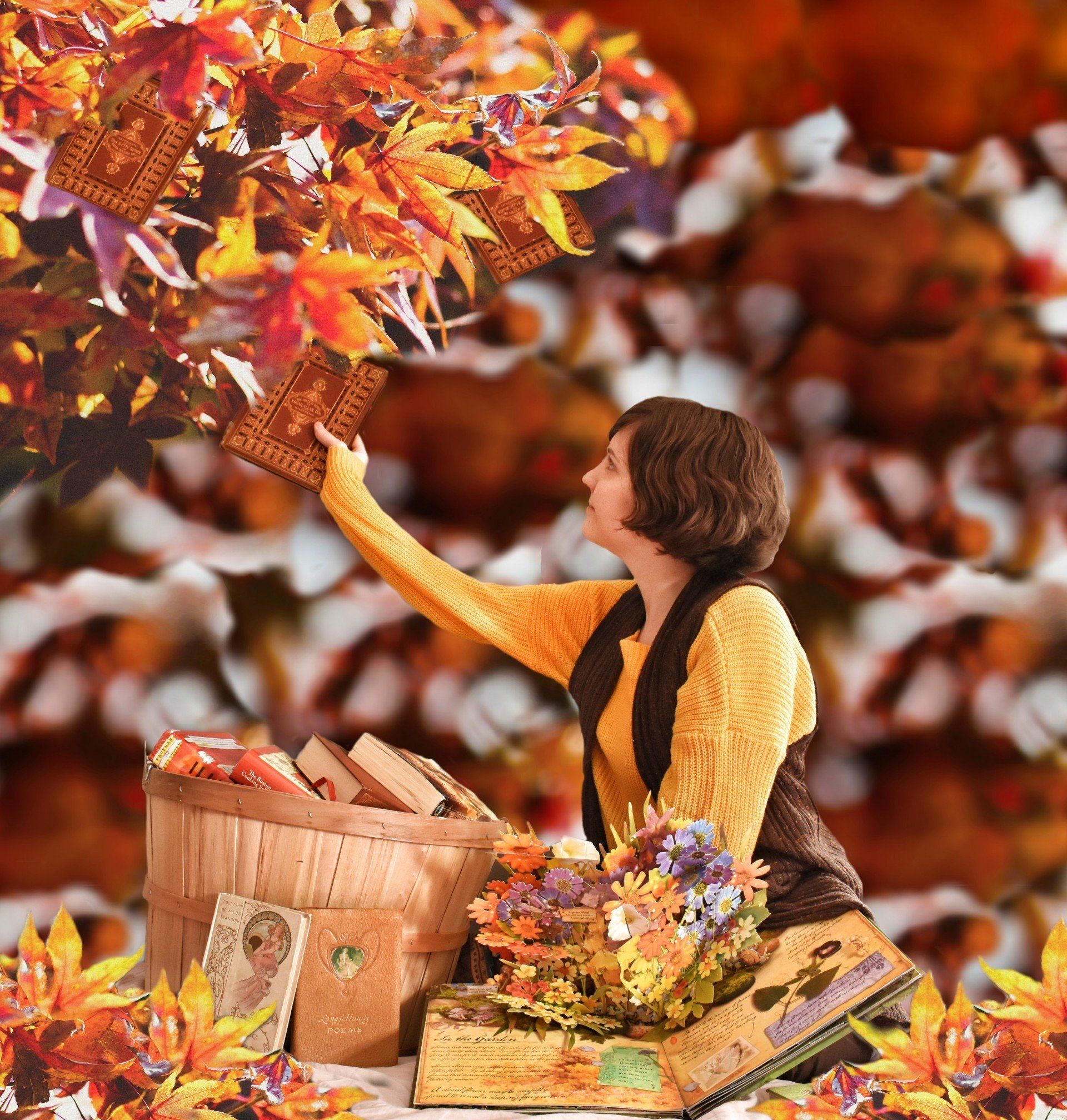 autumn book sweater basket