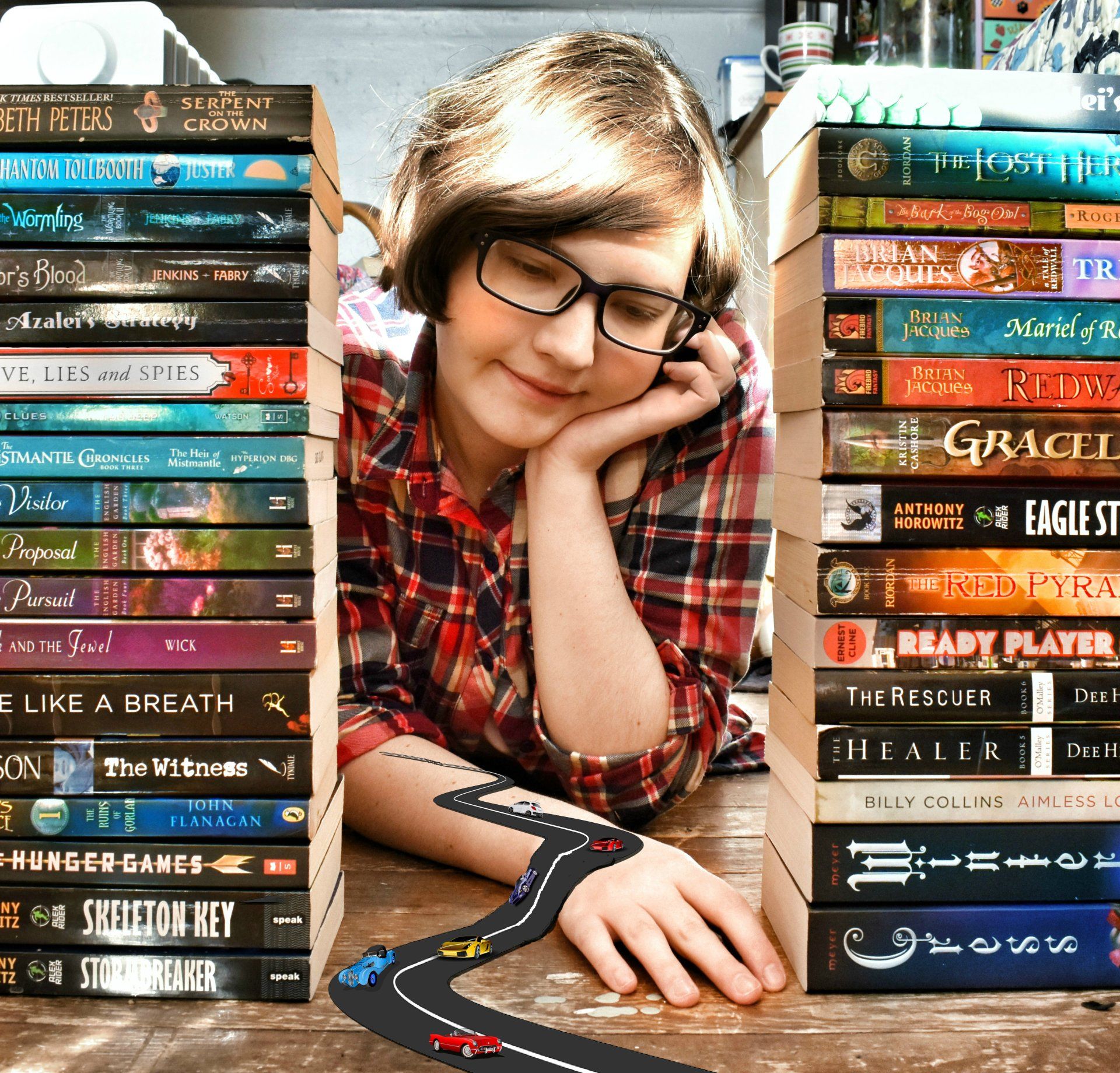 books road car girl glasses
