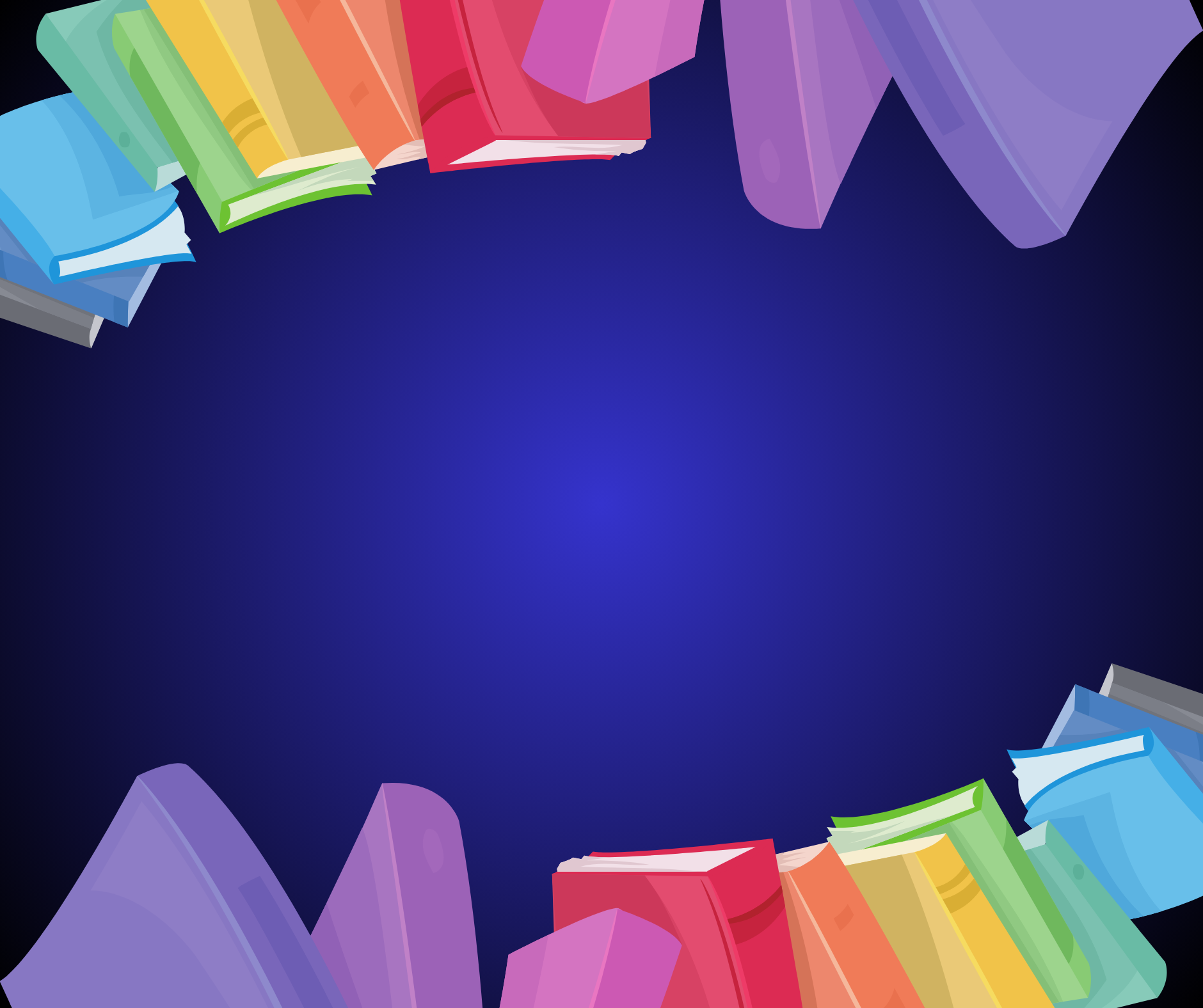 A black and blue gradient background with books of many colors along the outer edge.