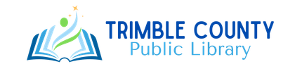 A logo for trimble county public library with an open book