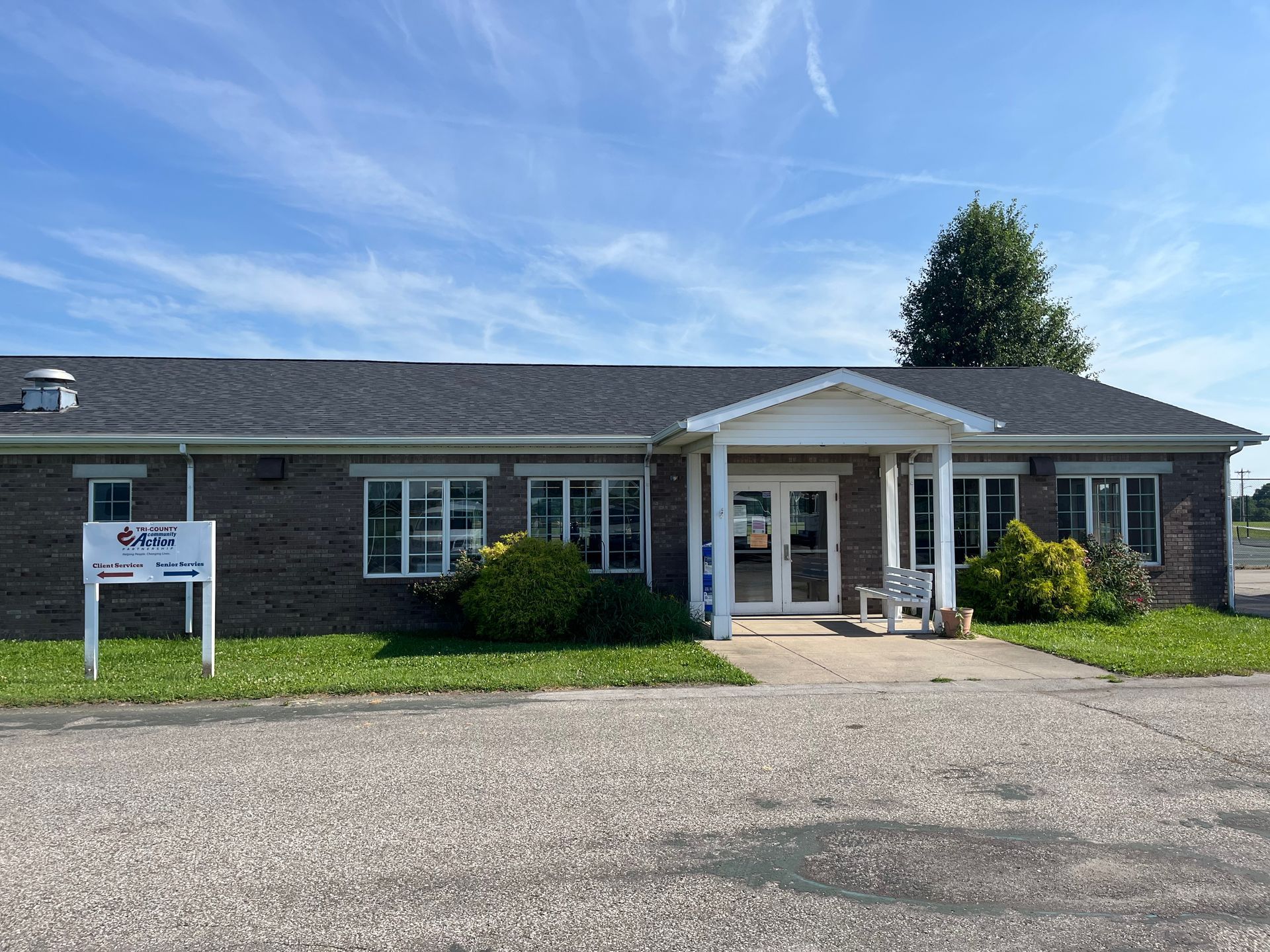 A front view of the trimble county park building.