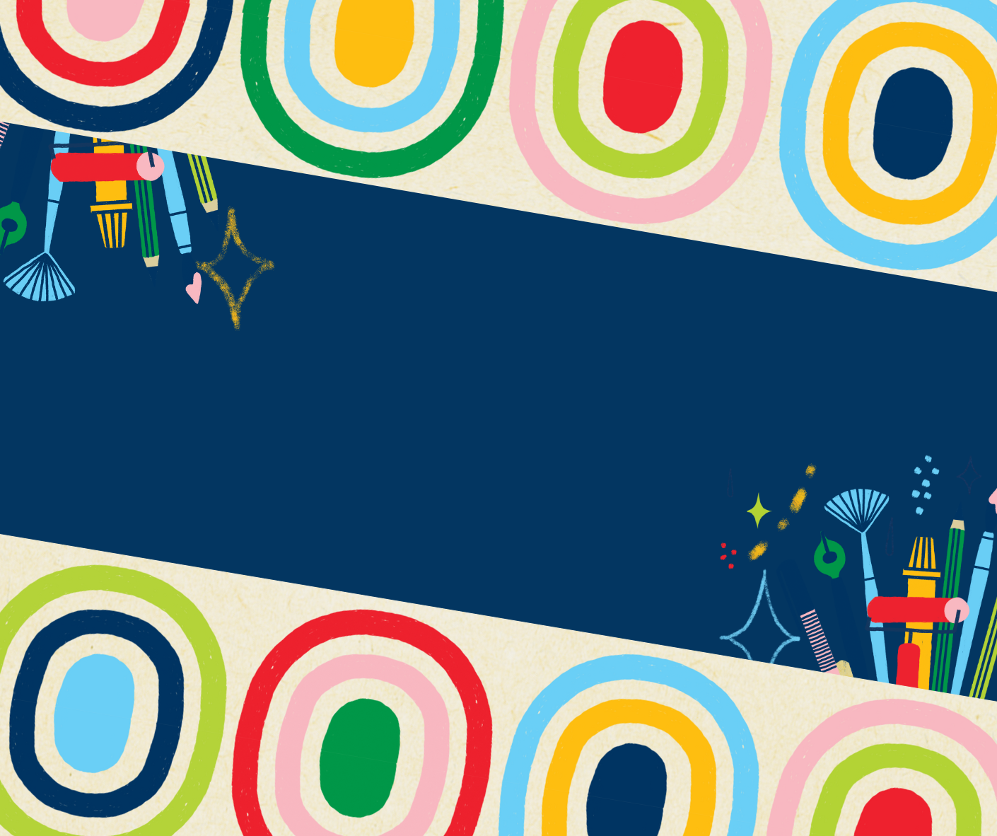 A dark blue background with colorful brushes and pencils in the corners