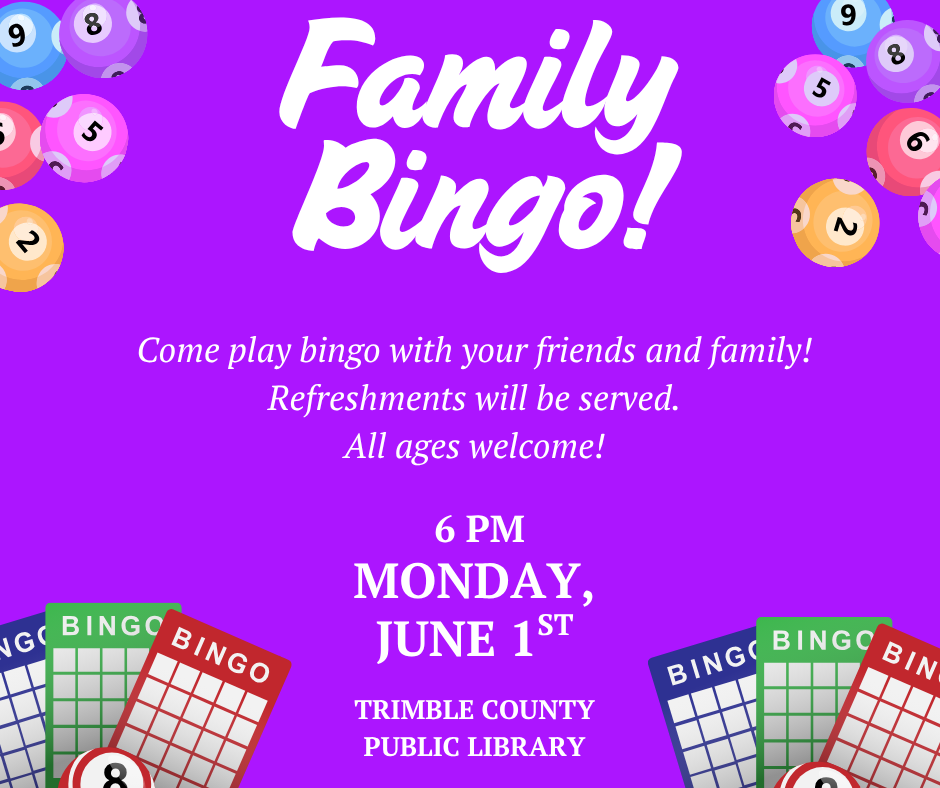 Family Bingo event flyer for Monday, June 1 at 6 PM at Trimble County Public Library