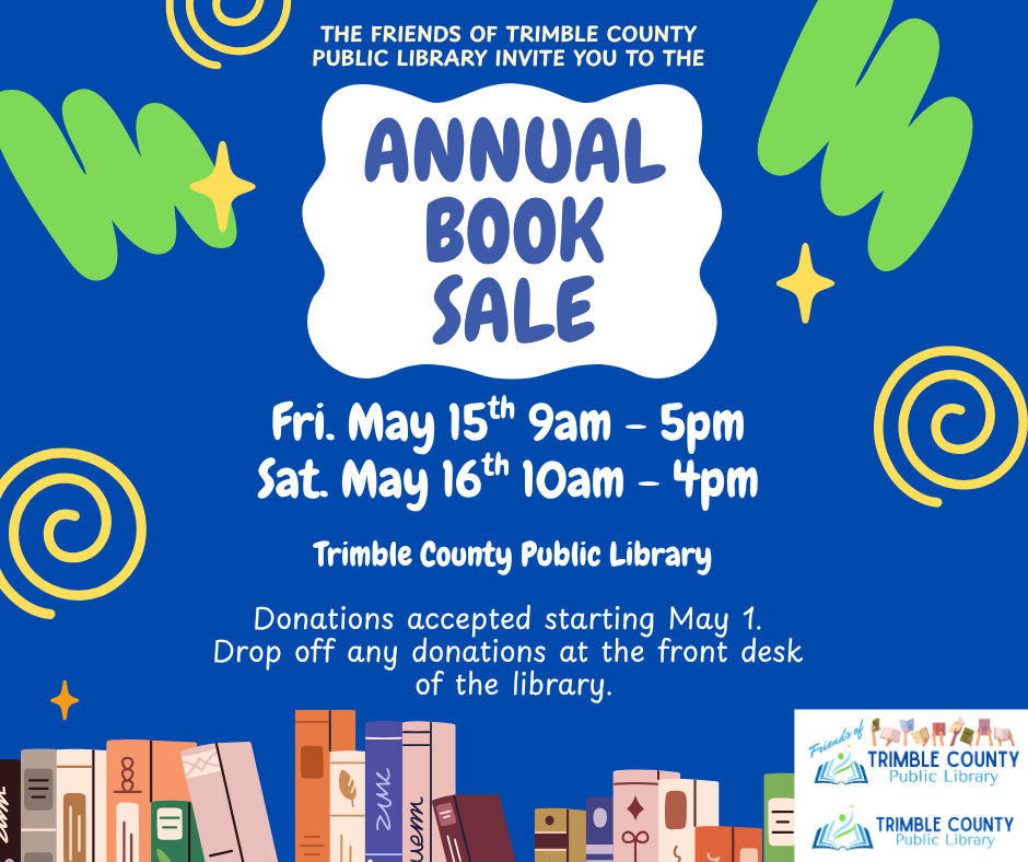 Blue flyer for Friends of Trimble County Public Library annual book sale, May 15–16.