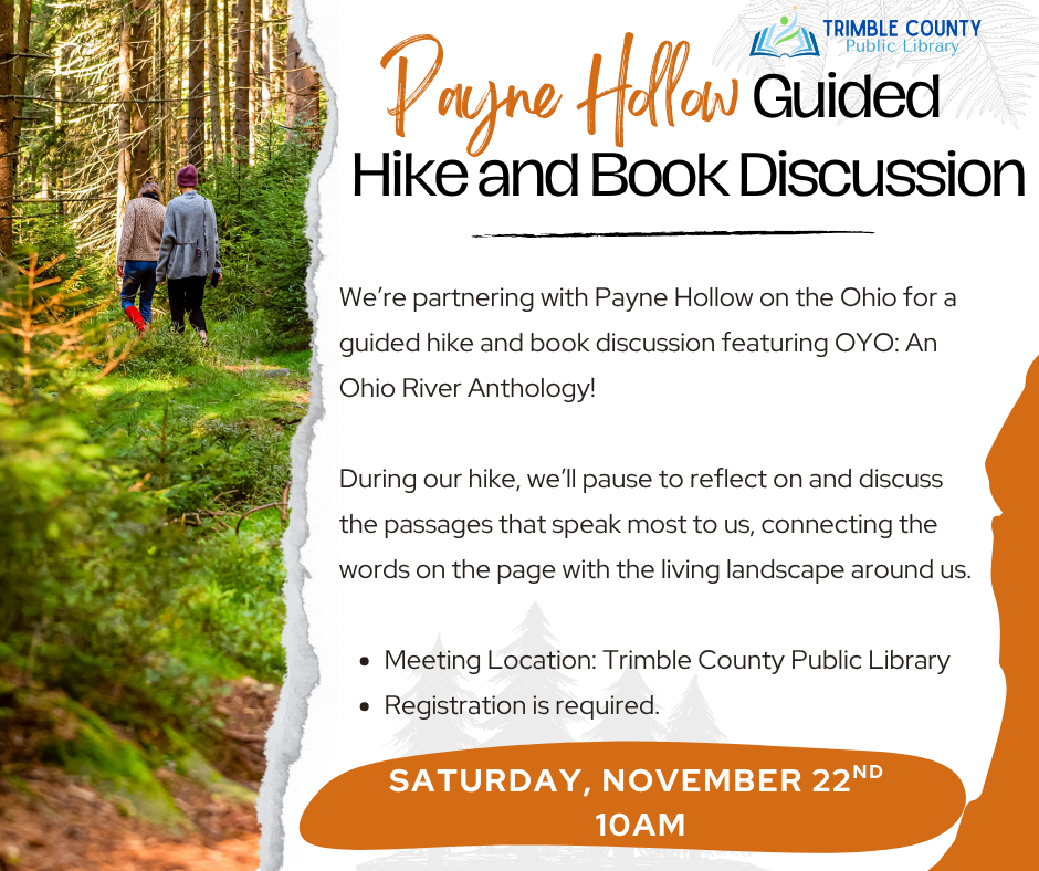Flyer for a guided hike and book discussion at Payne Hollow, November 22 at 10 AM.