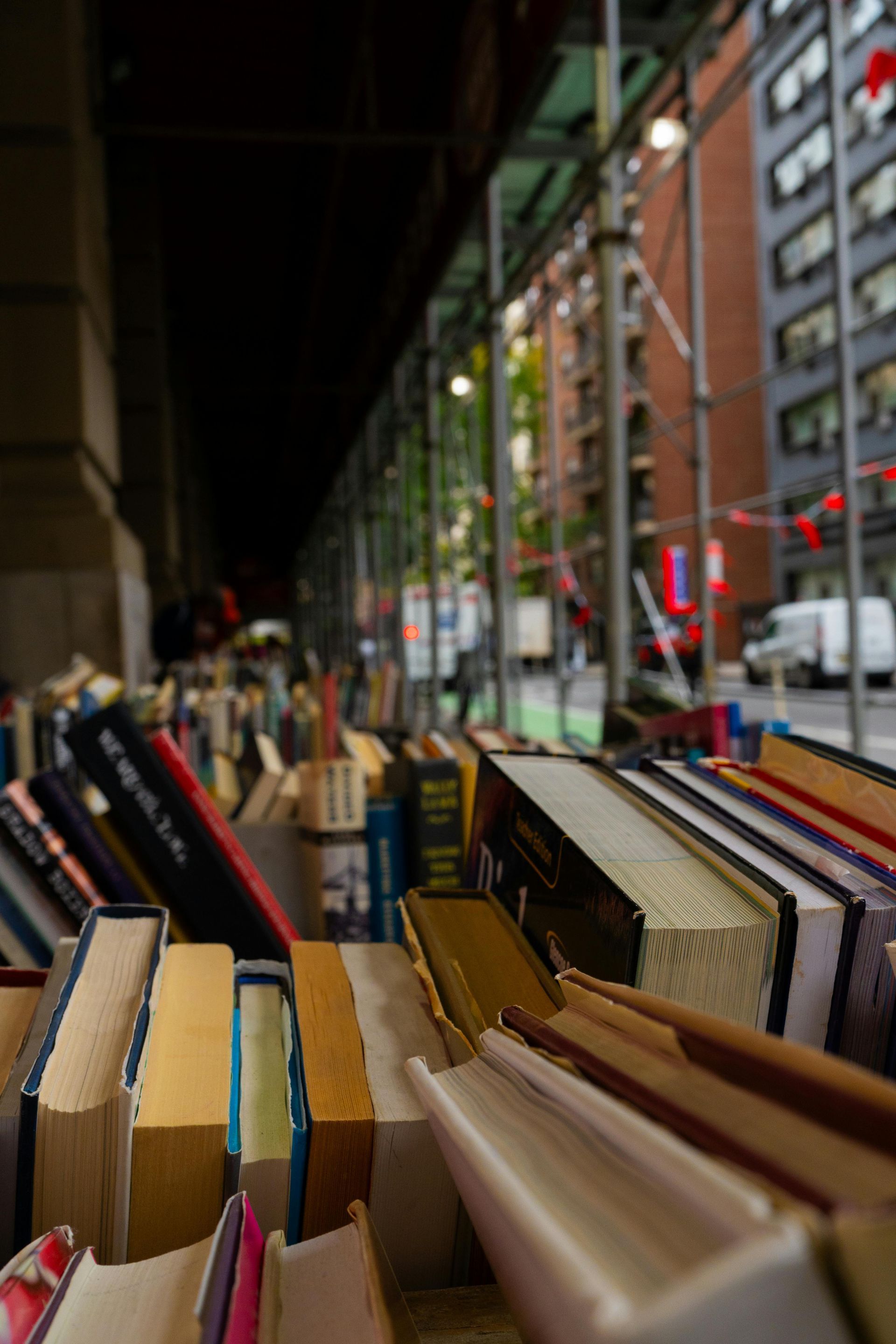 A close-up, low-angle view of a row of books displayed on a sidewalk, with blurred city buildings in the background.