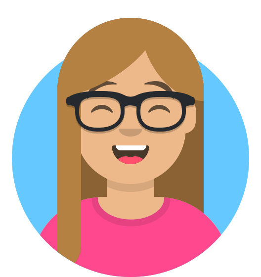 A woman wearing glasses and a pink shirt is smiling.