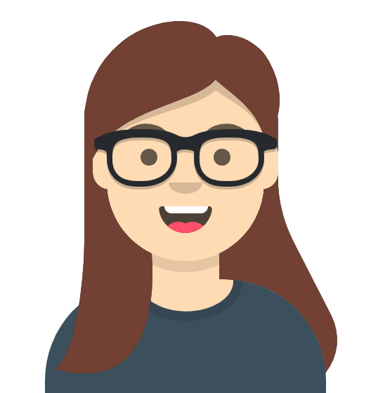 A woman wearing glasses and a blue shirt is smiling