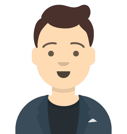 A cartoon man in a suit and black shirt is smiling.