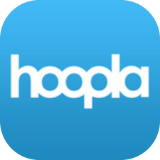 A blue circle with the logo for hoopla on it