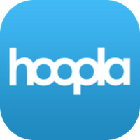A blue circle with the word hoopla on it