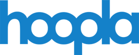 A blue logo for hoopla on a white background