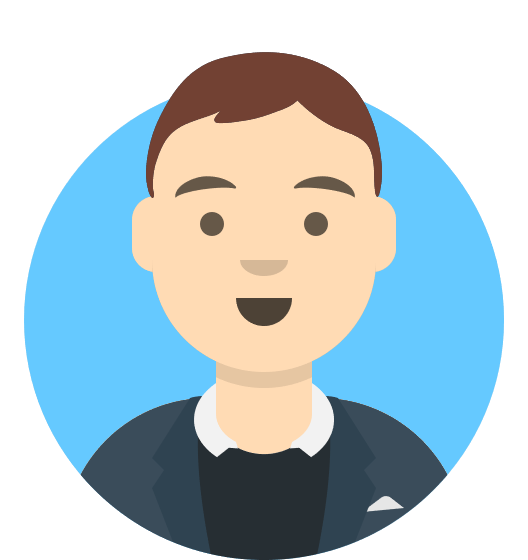 A man in a suit is smiling in a blue circle.