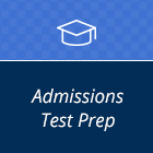 A blue background with a graduation cap and the words admissions test prep