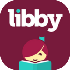 A logo for libby with a girl reading a book