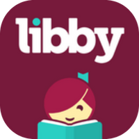 A logo for libby with a girl reading a book