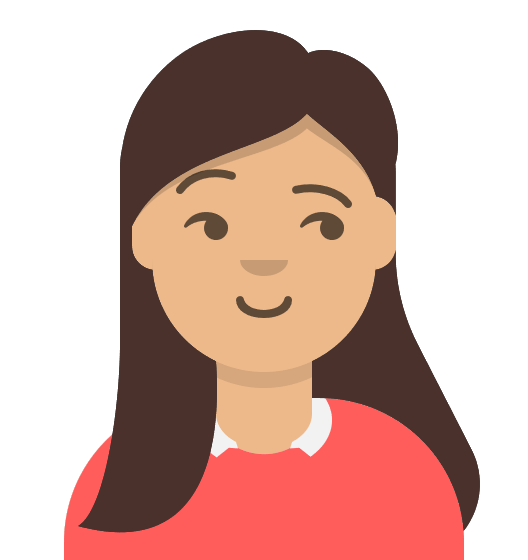 A woman with long brown hair is wearing a red sweater and smiling.